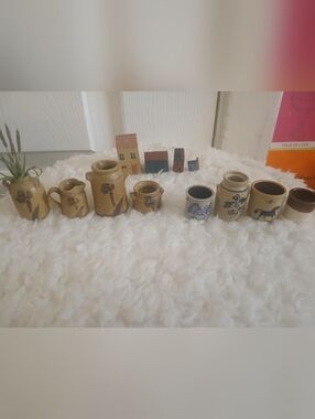 Vintage Miniature Lot Of Stoneware Crock Jars And Wooden Houses
